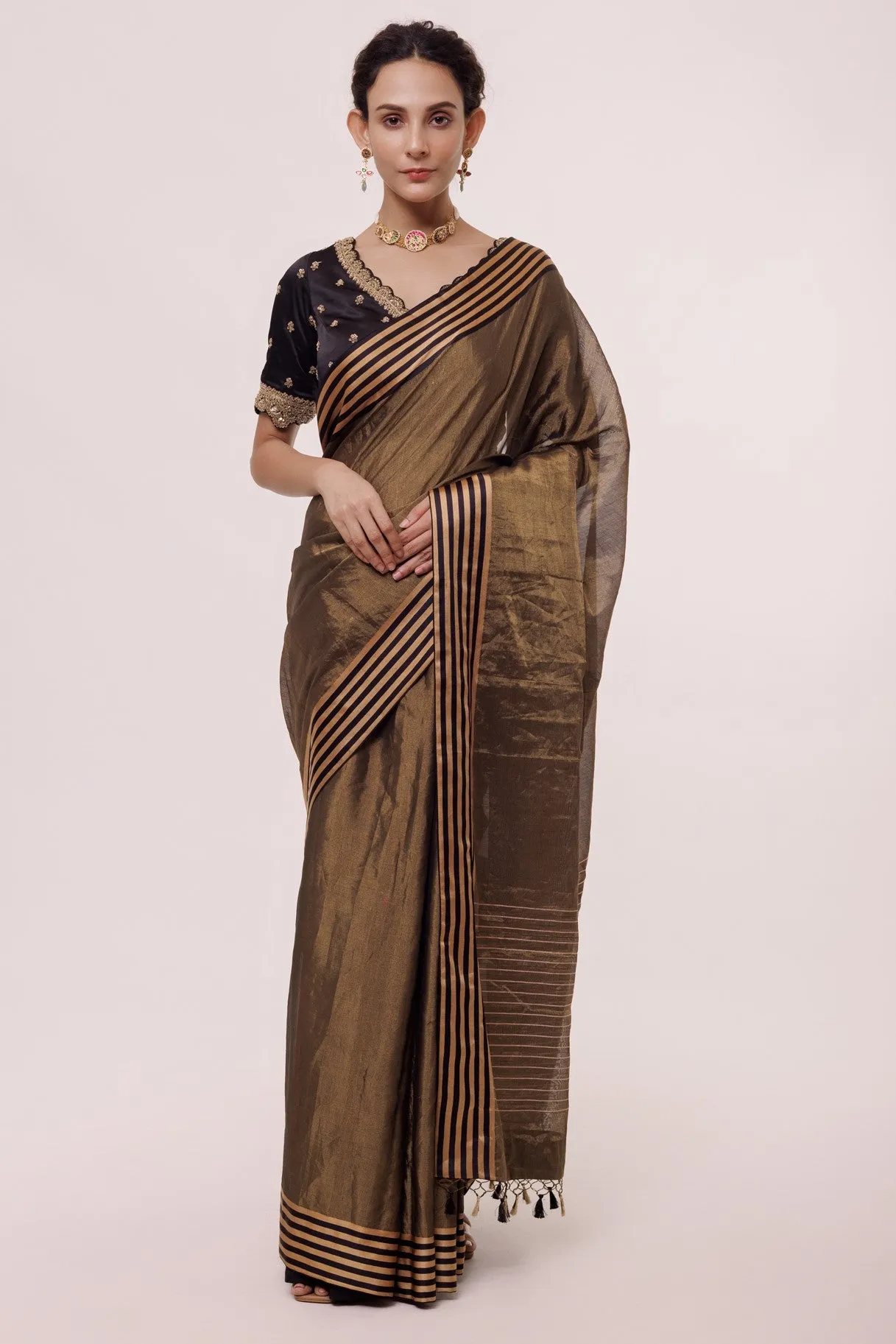 90Z963-RO Gold Black Dual Toned Saree With Striped Edges