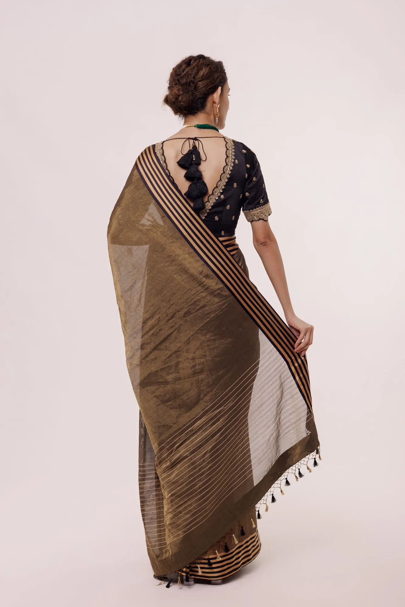 90Z963-RO Gold Black Dual Toned Saree With Striped Edges