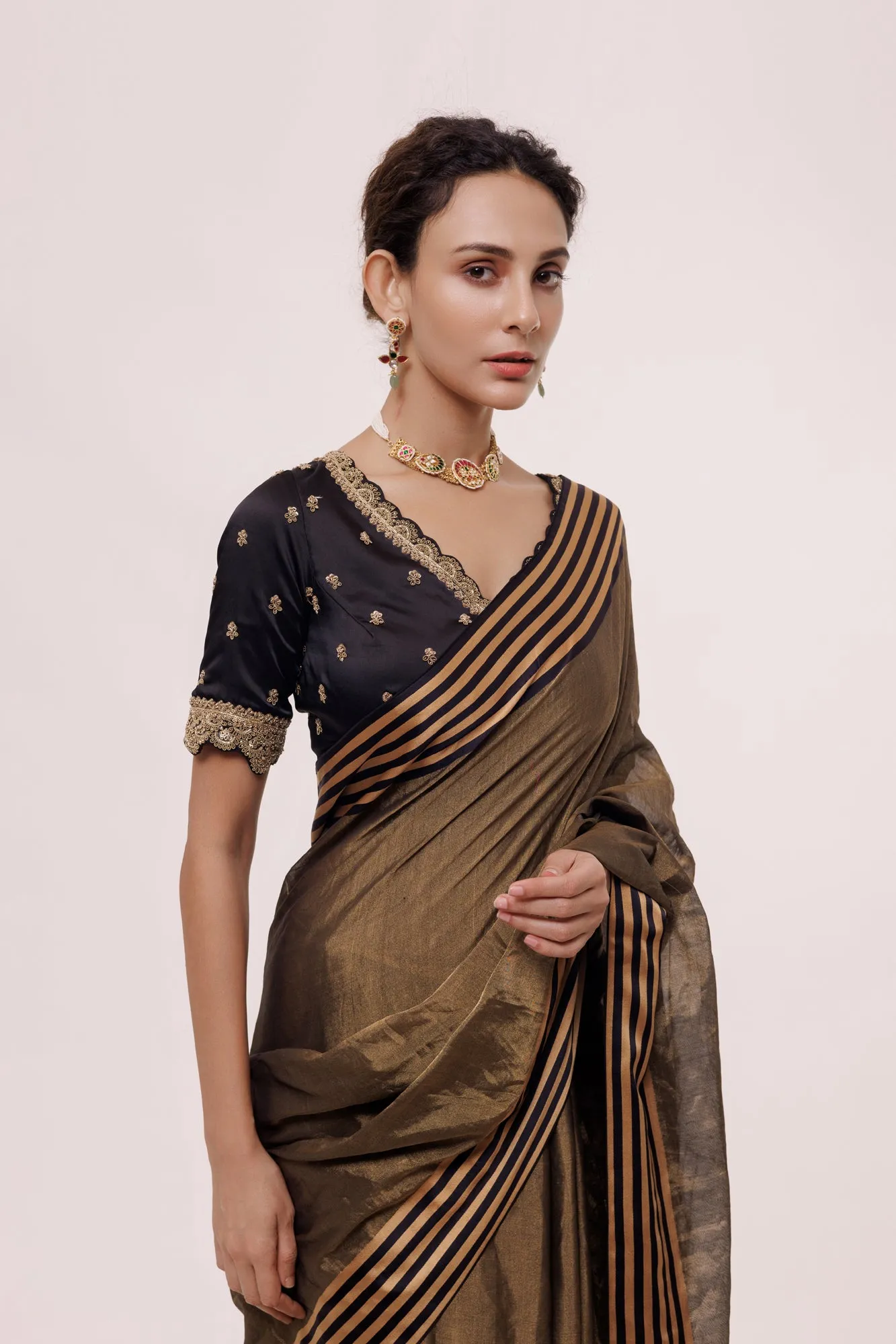 90Z963-RO Gold Black Dual Toned Saree With Striped Edges