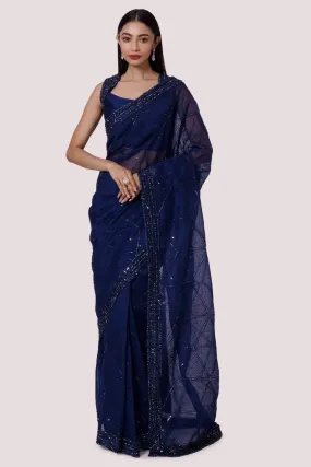 90Z965-RO Navy Blue Organza Saree With Stone Work