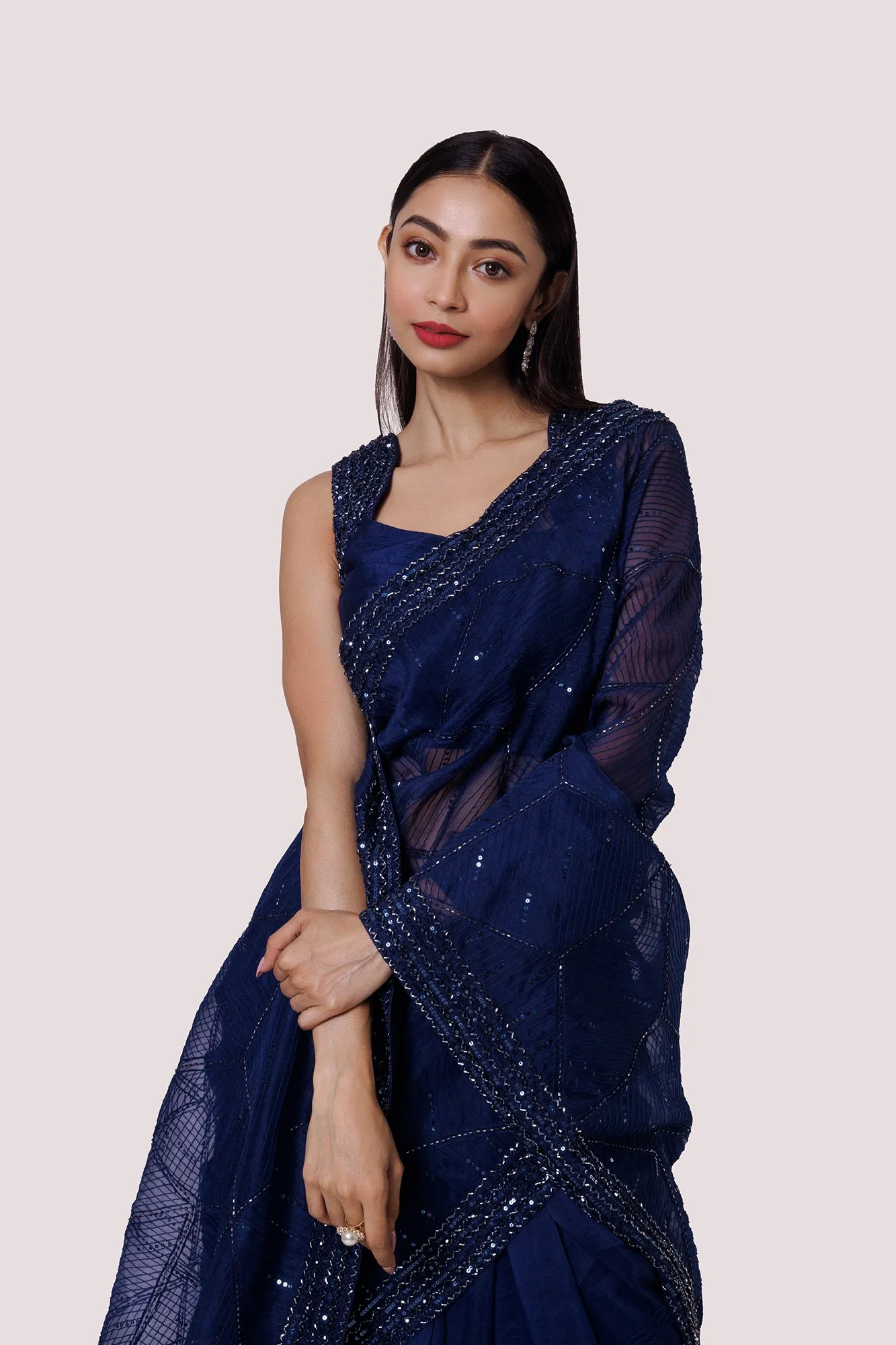 90Z965-RO Navy Blue Organza Saree With Stone Work