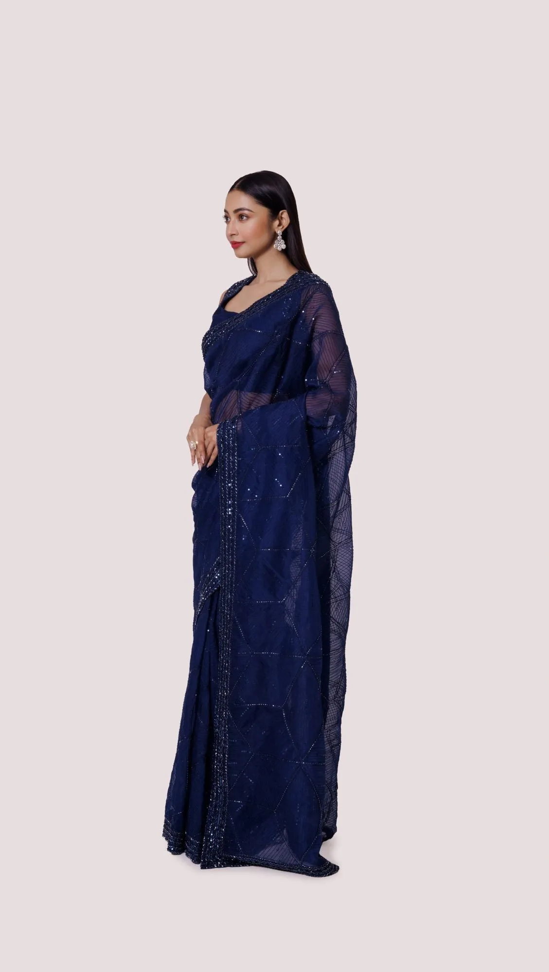 90Z965-RO Navy Blue Organza Saree With Stone Work