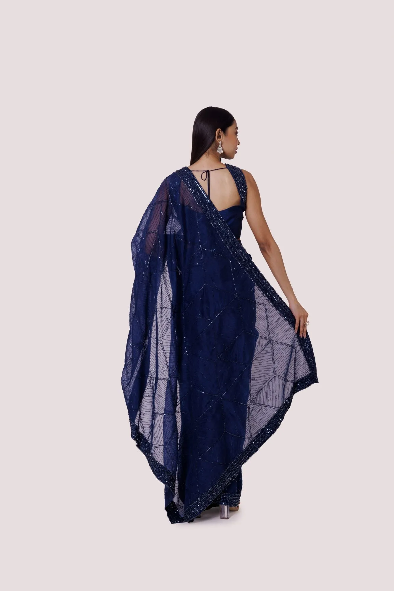 90Z965-RO Navy Blue Organza Saree With Stone Work