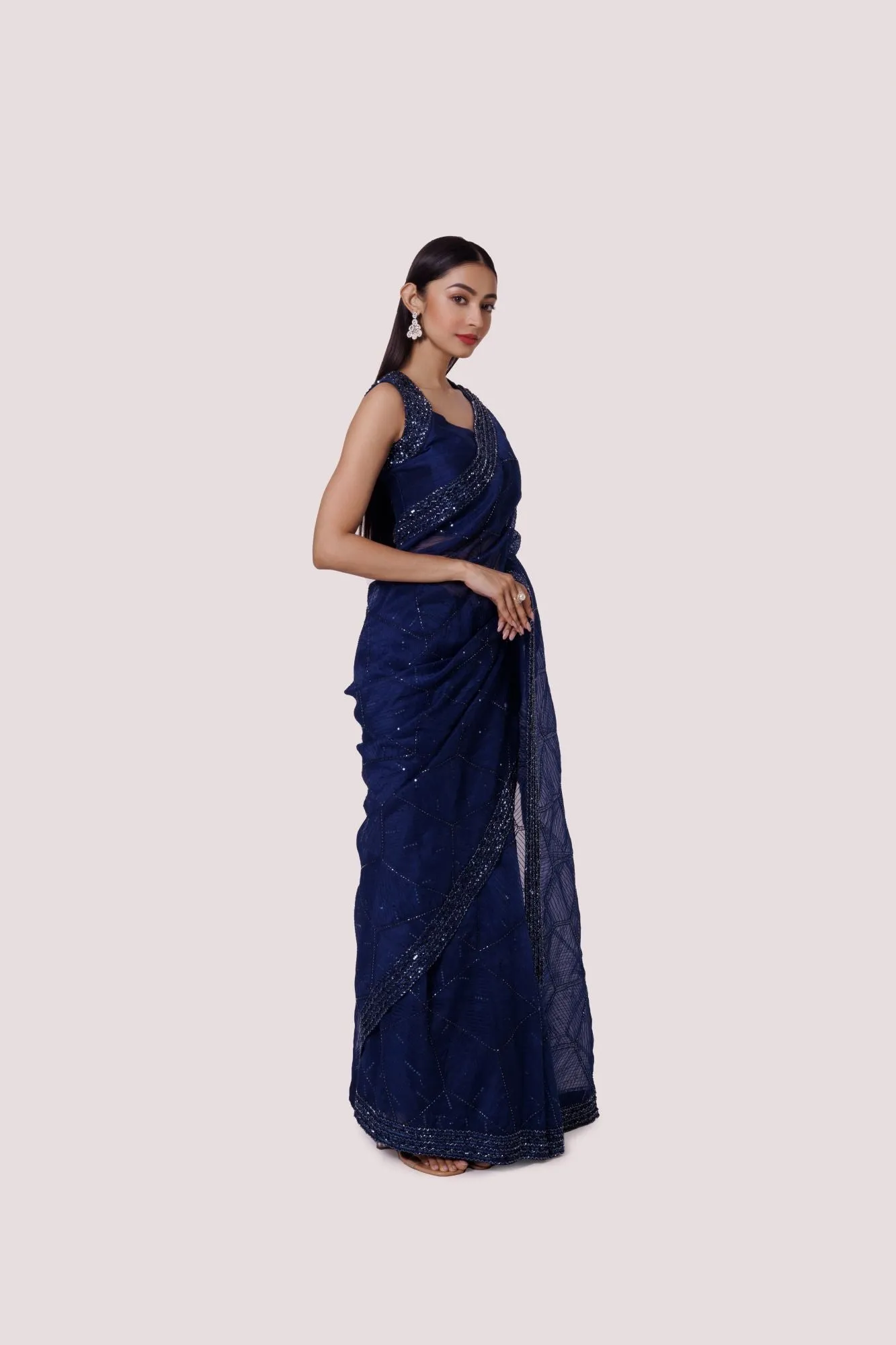 90Z965-RO Navy Blue Organza Saree With Stone Work