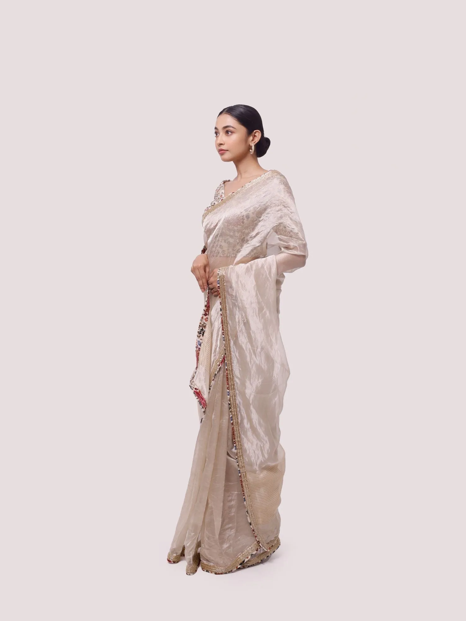 90Z992-RO Beige Handloom Tissue Saree with Velvet Saree Blouse