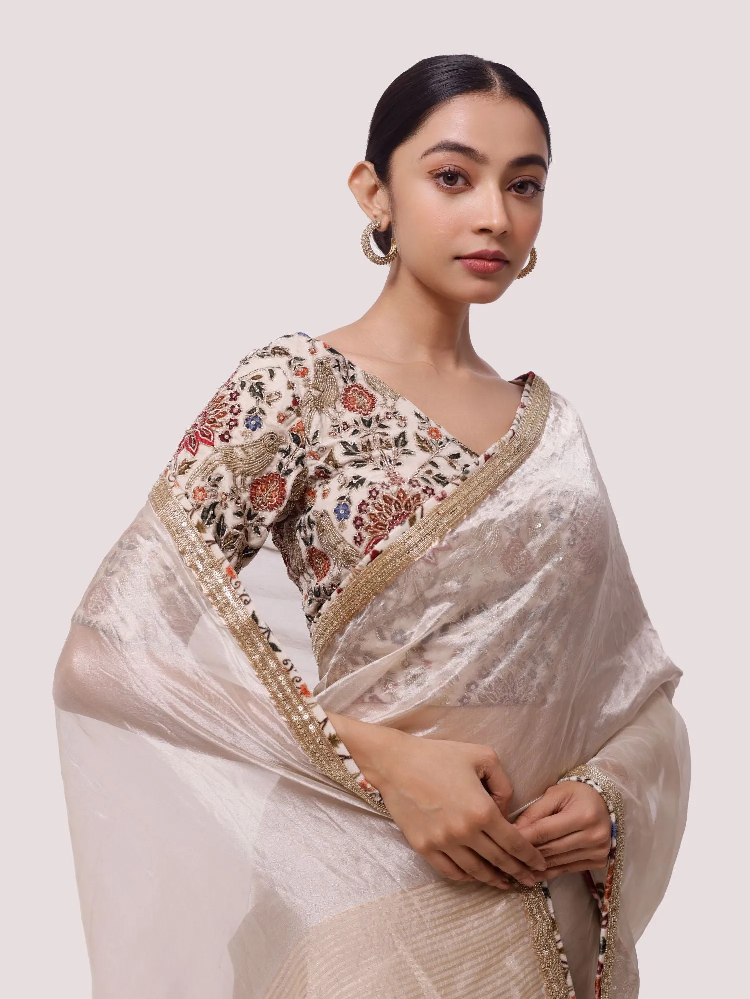 90Z992-RO Beige Handloom Tissue Saree with Velvet Saree Blouse