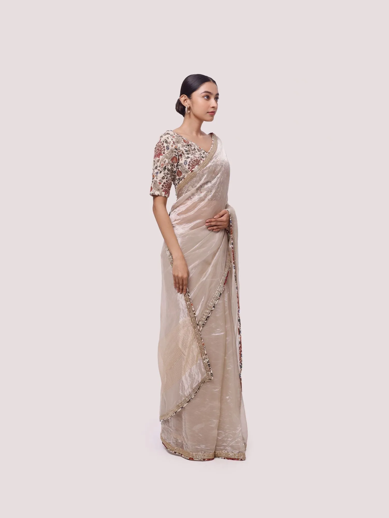 90Z992-RO Beige Handloom Tissue Saree with Velvet Saree Blouse