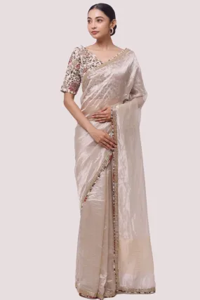 90Z992-RO Beige Handloom Tissue Saree with Velvet Saree Blouse