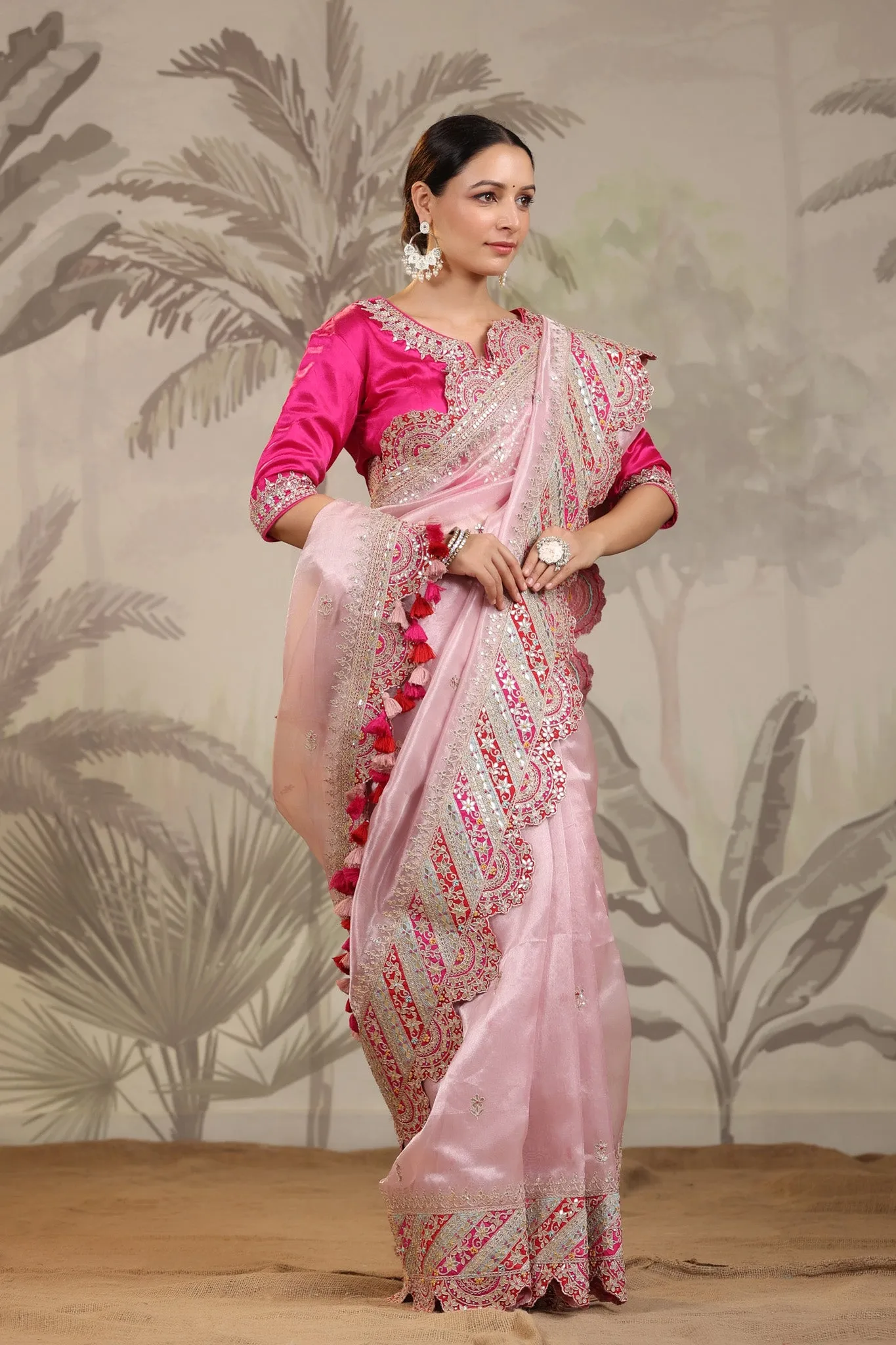 91Z221-RO Light Pink Heavy Embroidery Silk Saree with Pink Blouse