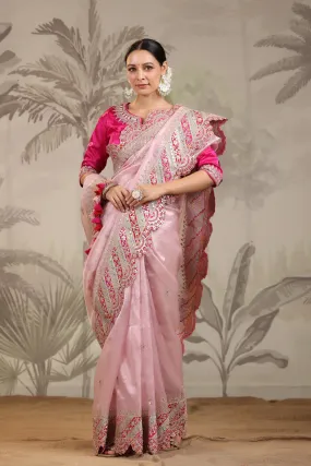 91Z221-RO Light Pink Heavy Embroidery Silk Saree with Pink Blouse