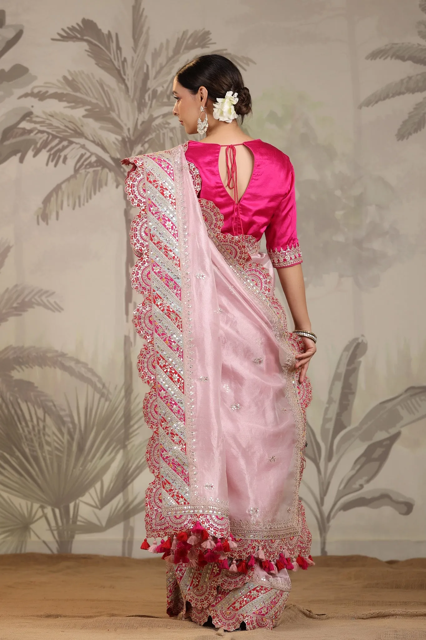 91Z221-RO Light Pink Heavy Embroidery Silk Saree with Pink Blouse