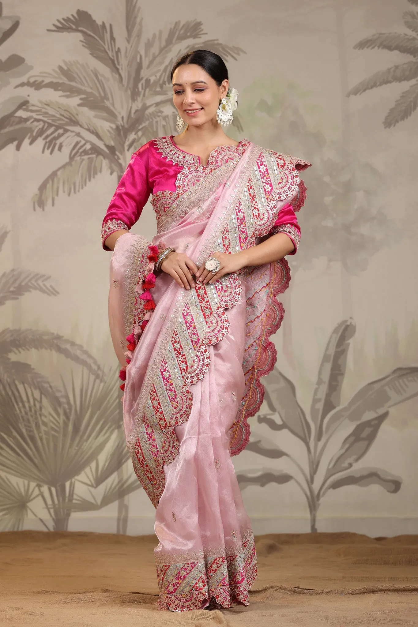 91Z221-RO Light Pink Heavy Embroidery Silk Saree with Pink Blouse