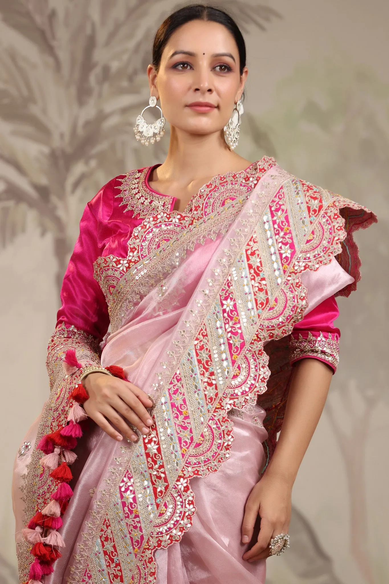 91Z221-RO Light Pink Heavy Embroidery Silk Saree with Pink Blouse