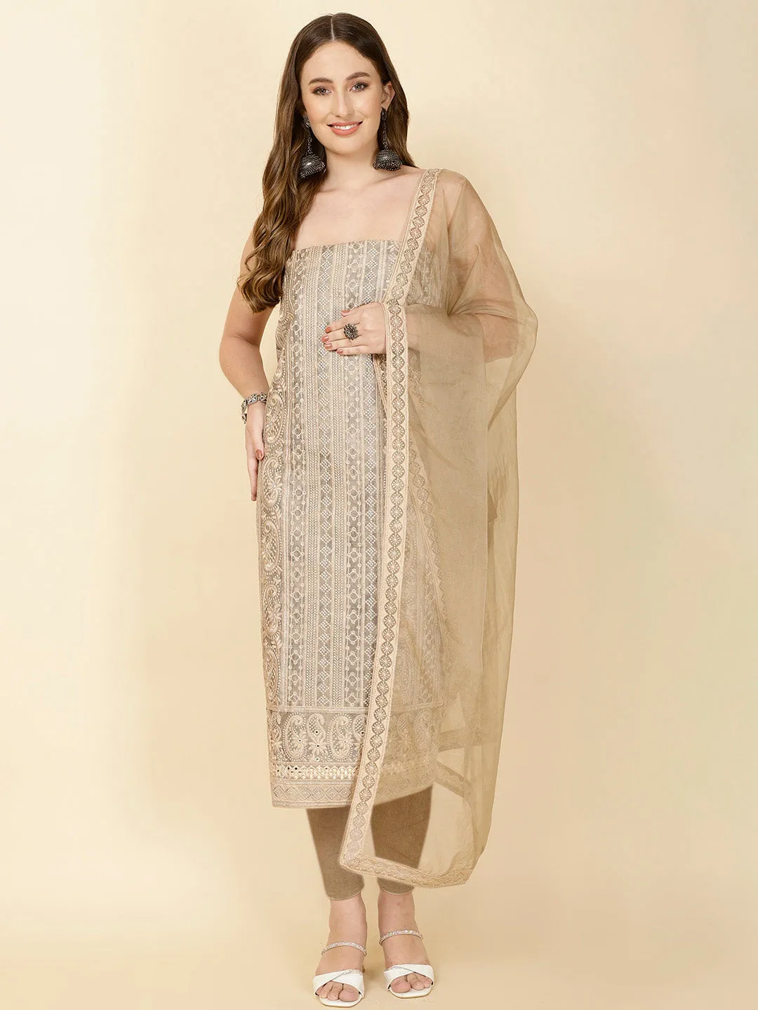 All Over Embroidery Chanderi Unstitched Suit Piece With Dupatta