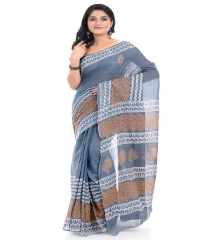 Ash grey hand block printed bengal cotton saree