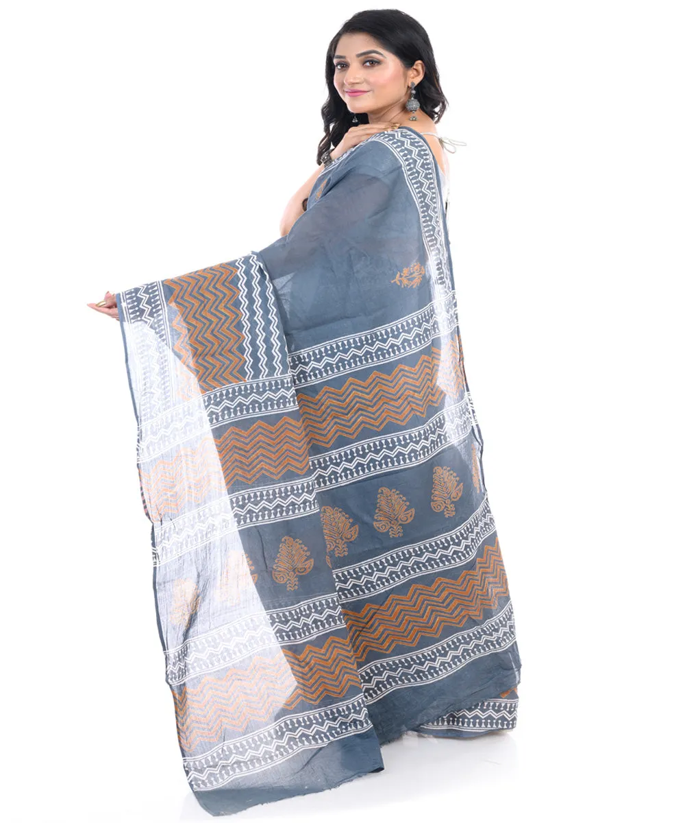 Ash grey hand block printed bengal cotton saree