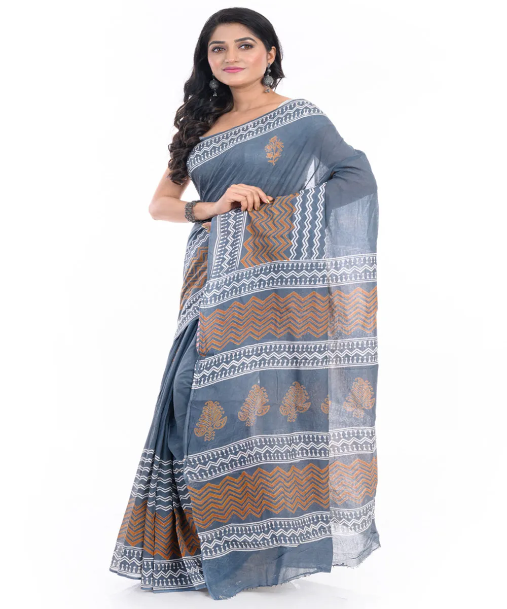 Ash grey hand block printed bengal cotton saree