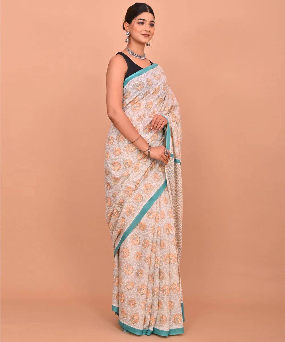 Beige orange cotton hand printed bagru saree