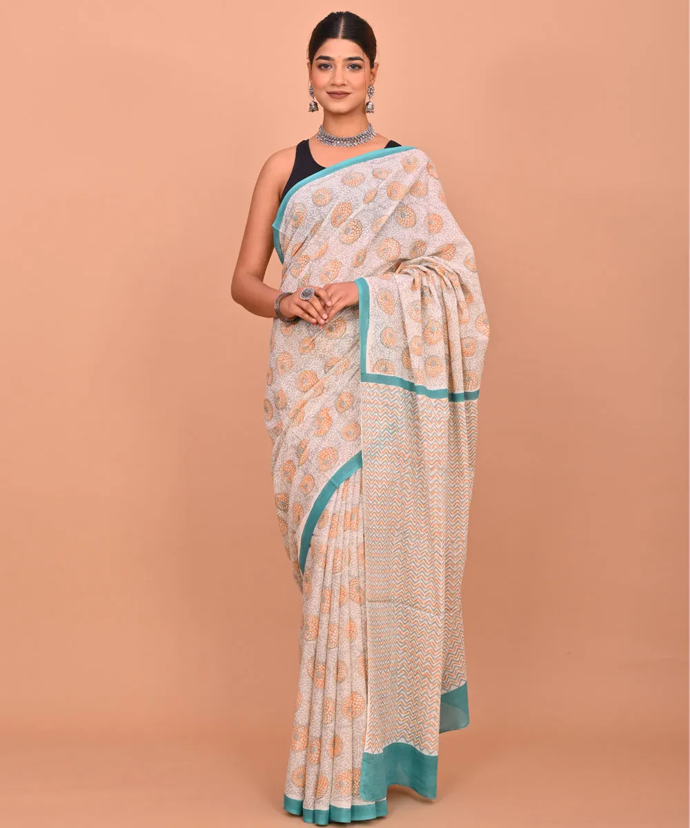 Beige orange cotton hand printed bagru saree