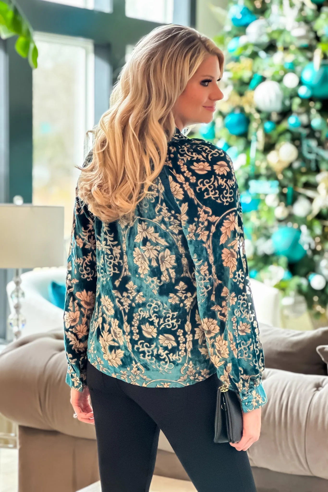 Best Ever Ruffle Trimmed Burnout Velvet Blouse : Teal