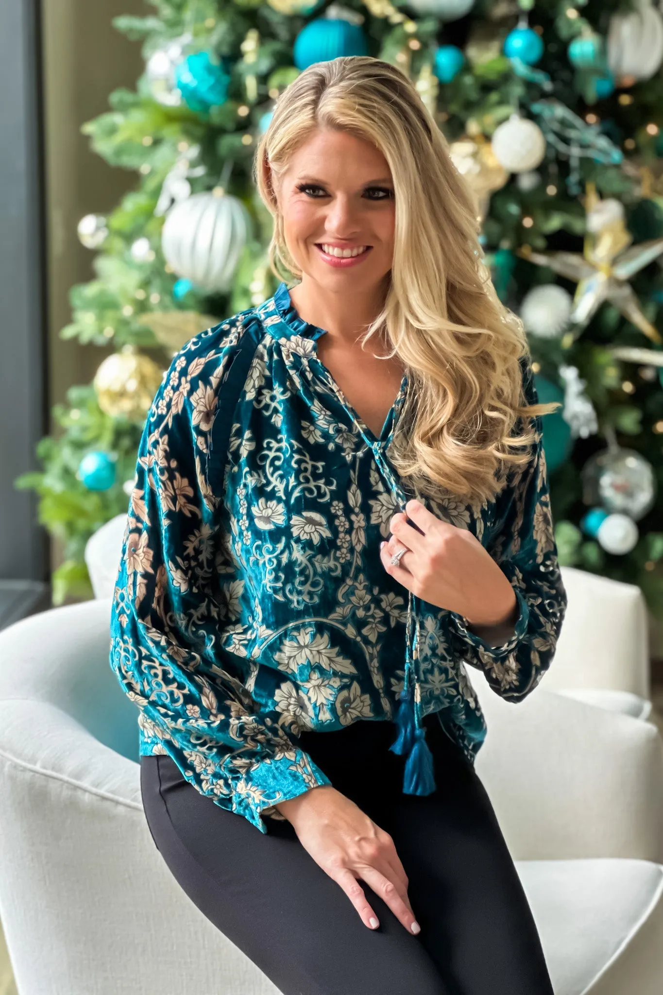 Best Ever Ruffle Trimmed Burnout Velvet Blouse : Teal