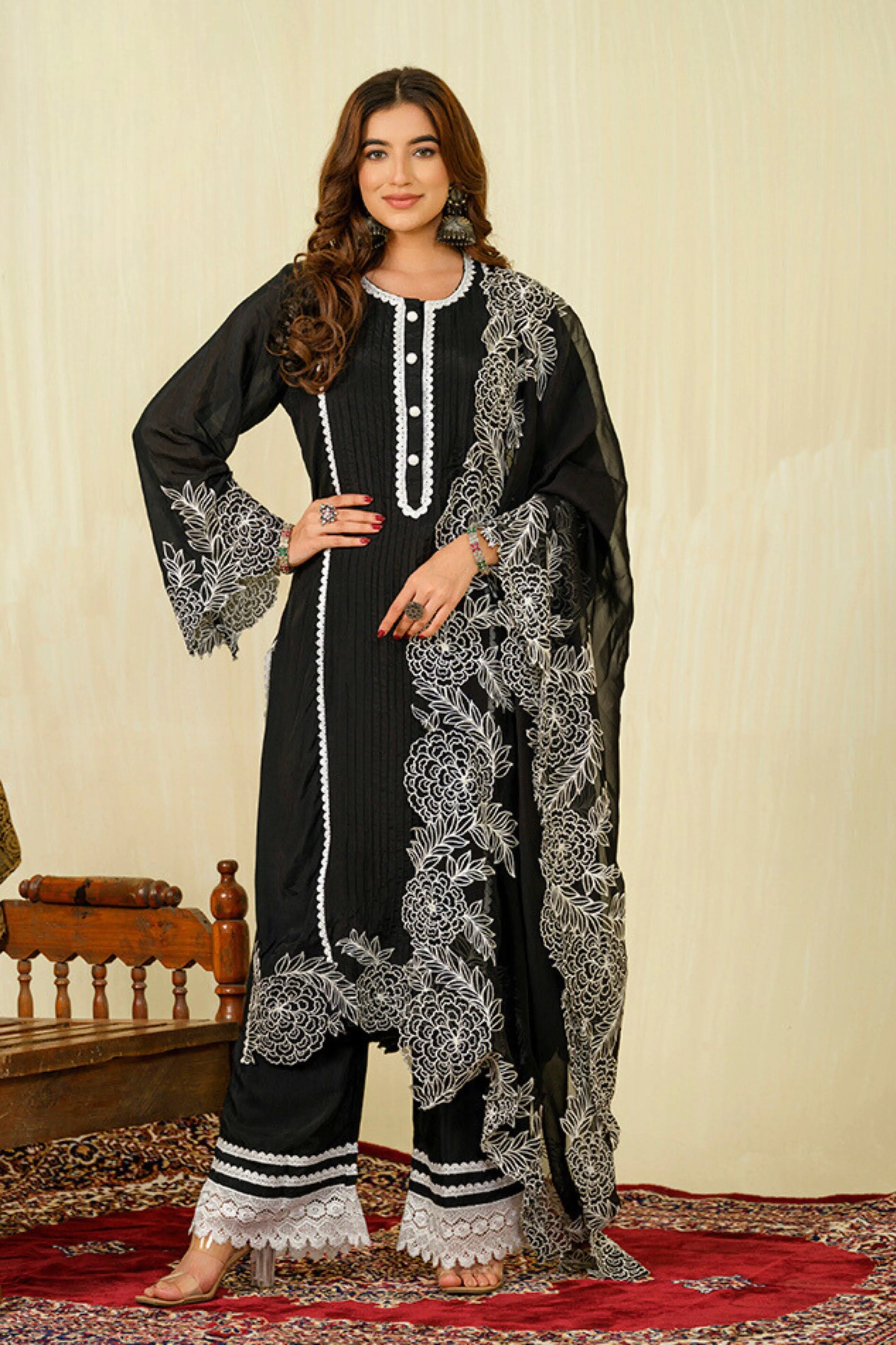 Black Embroidered Premium Georgette Silk Palazzo Set