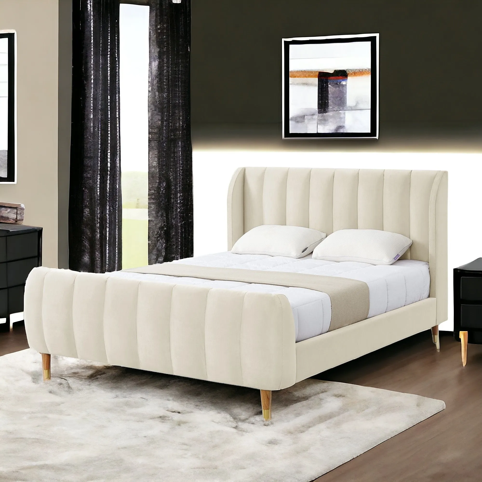 Black Solid Wood King Tufted Upholstered Velvet Bed