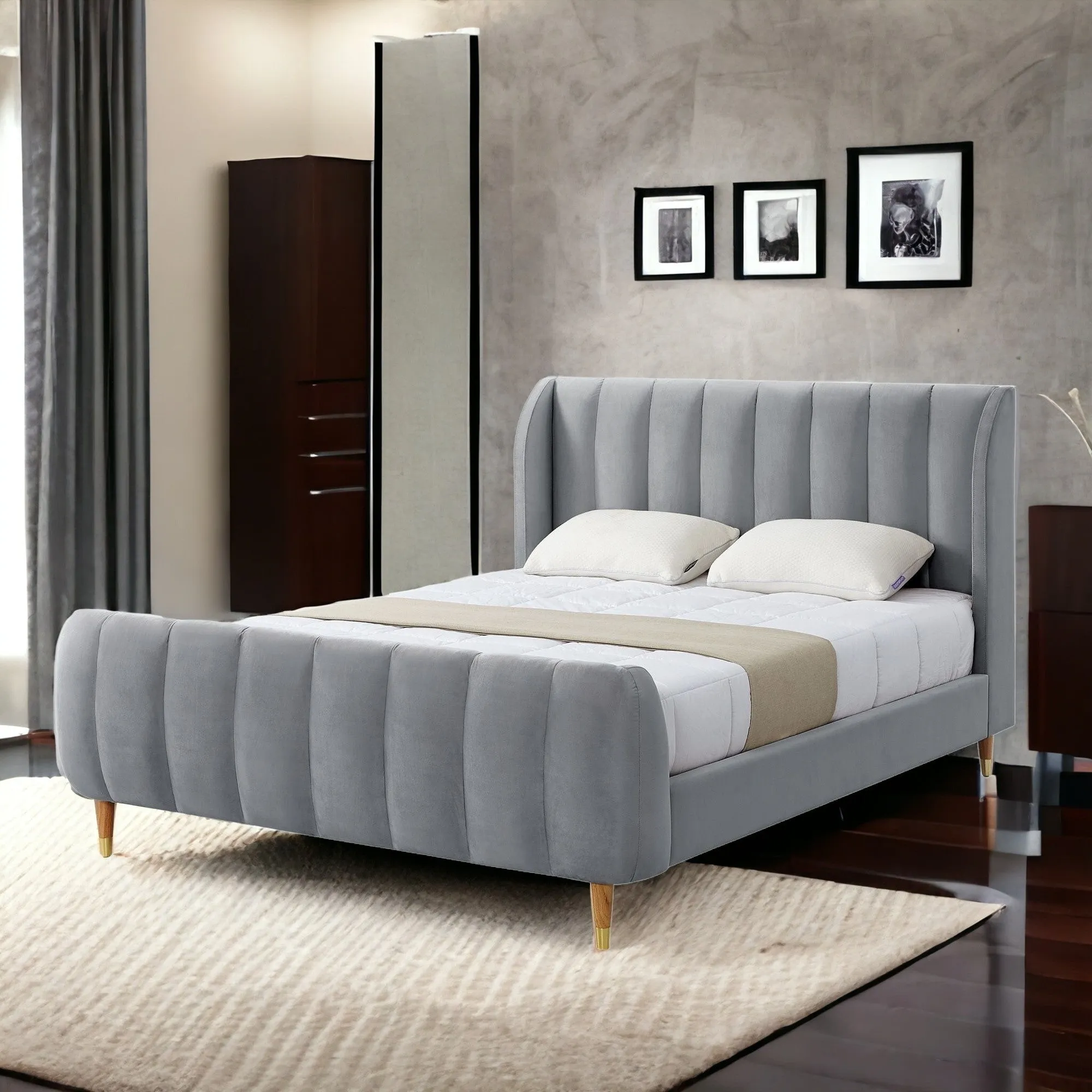 Black Solid Wood King Tufted Upholstered Velvet Bed