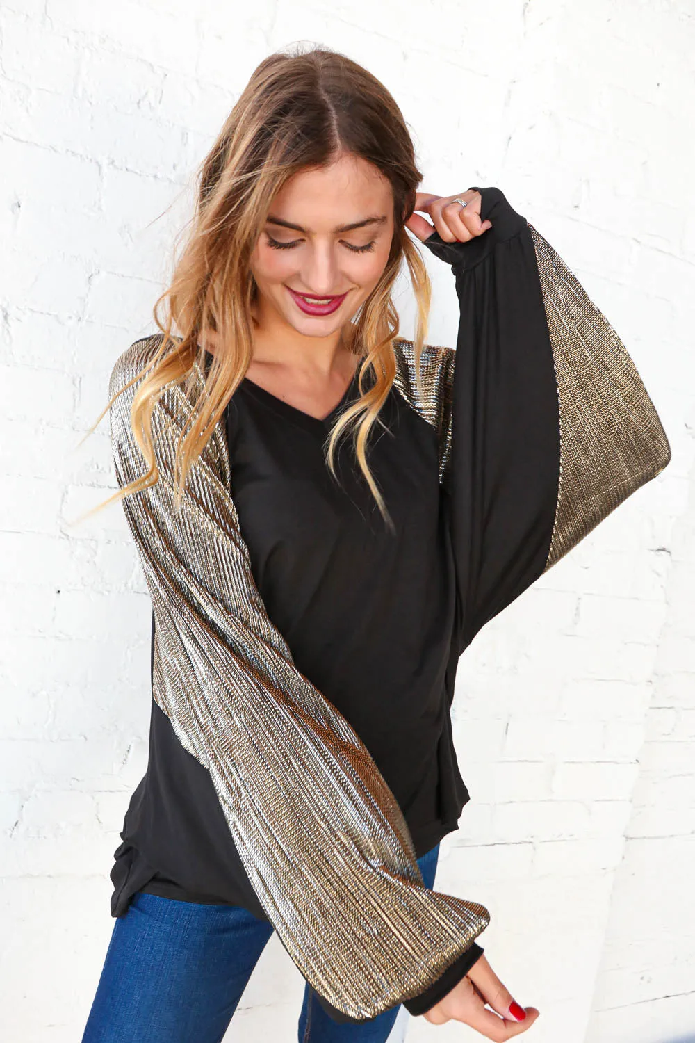 Black V Neck Dolman Shimmer Color Block Top