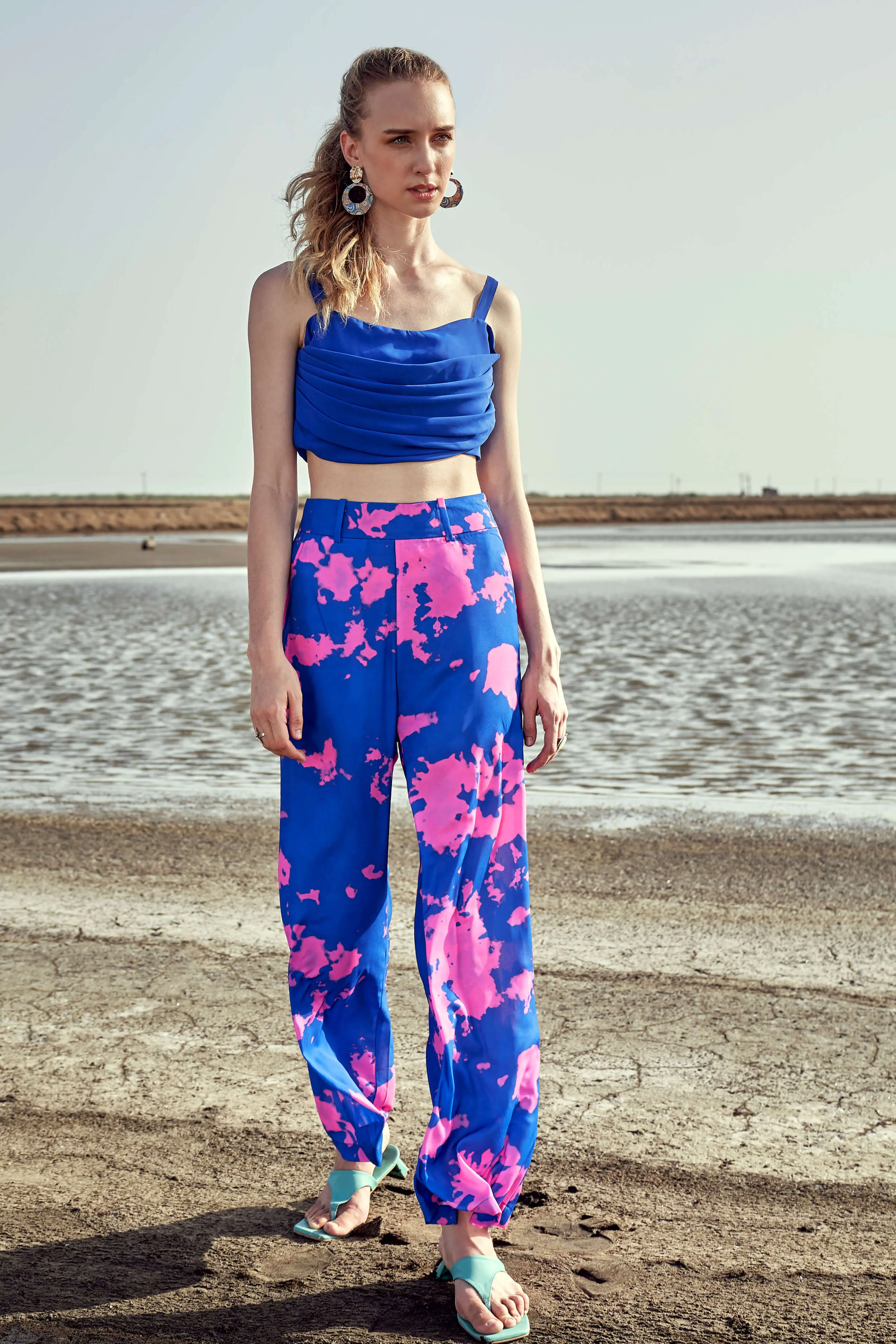 Blue Bustier Pleated Crop Top