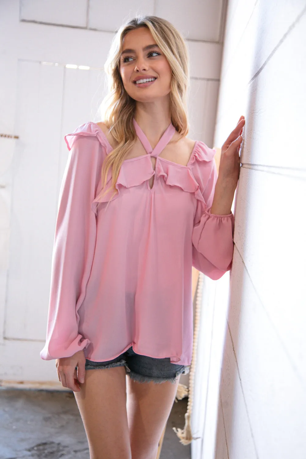 Blush Wool Dobby Halter Neck Bubble Sleeve Blouse