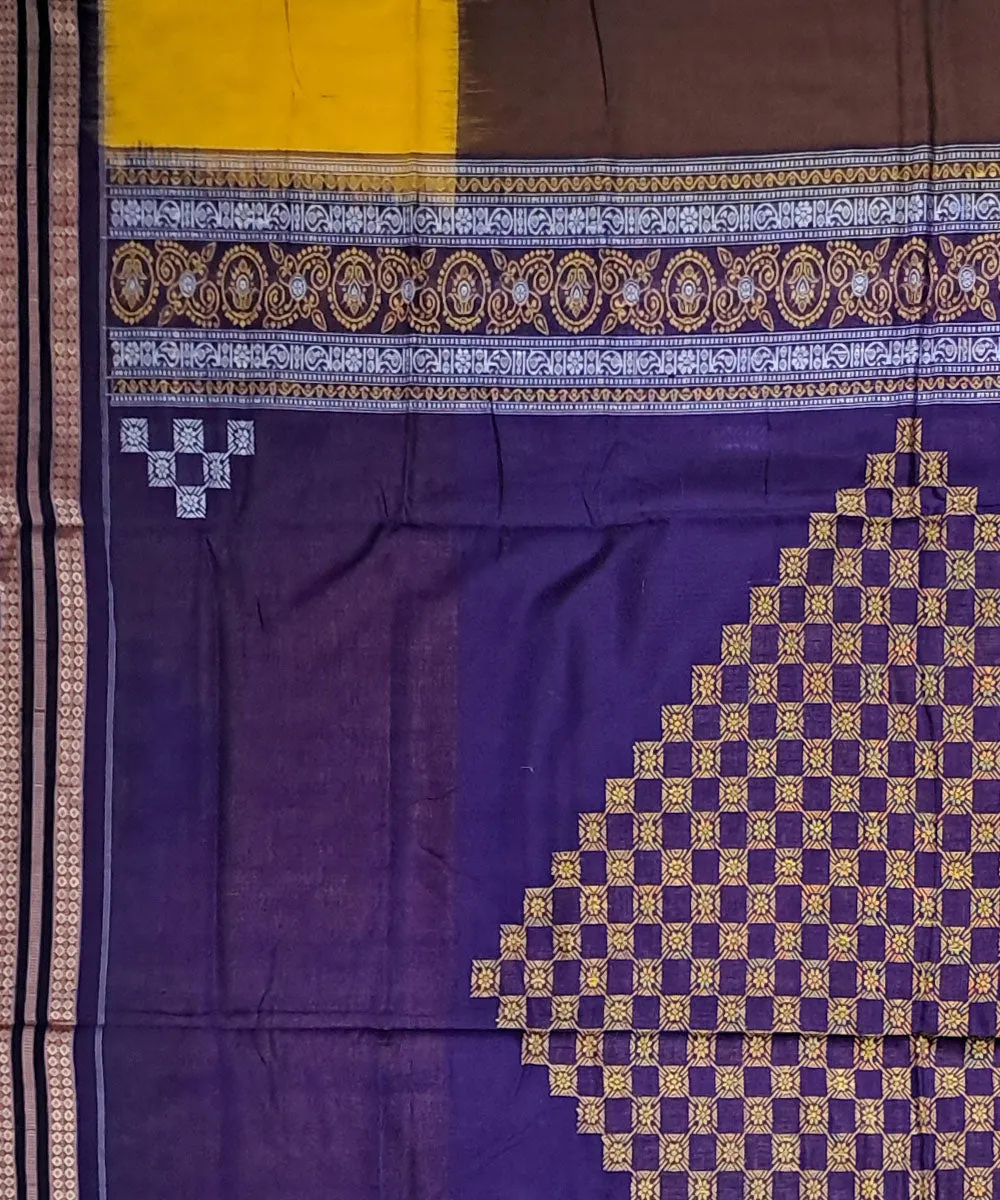 Brown yellow blue cotton handloom bomkai saree