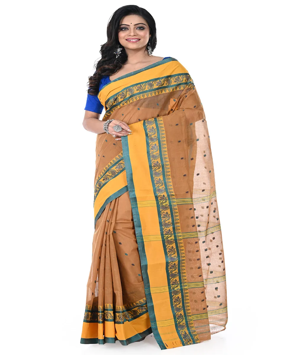 Brown yellow handwoven cotton tangail saree