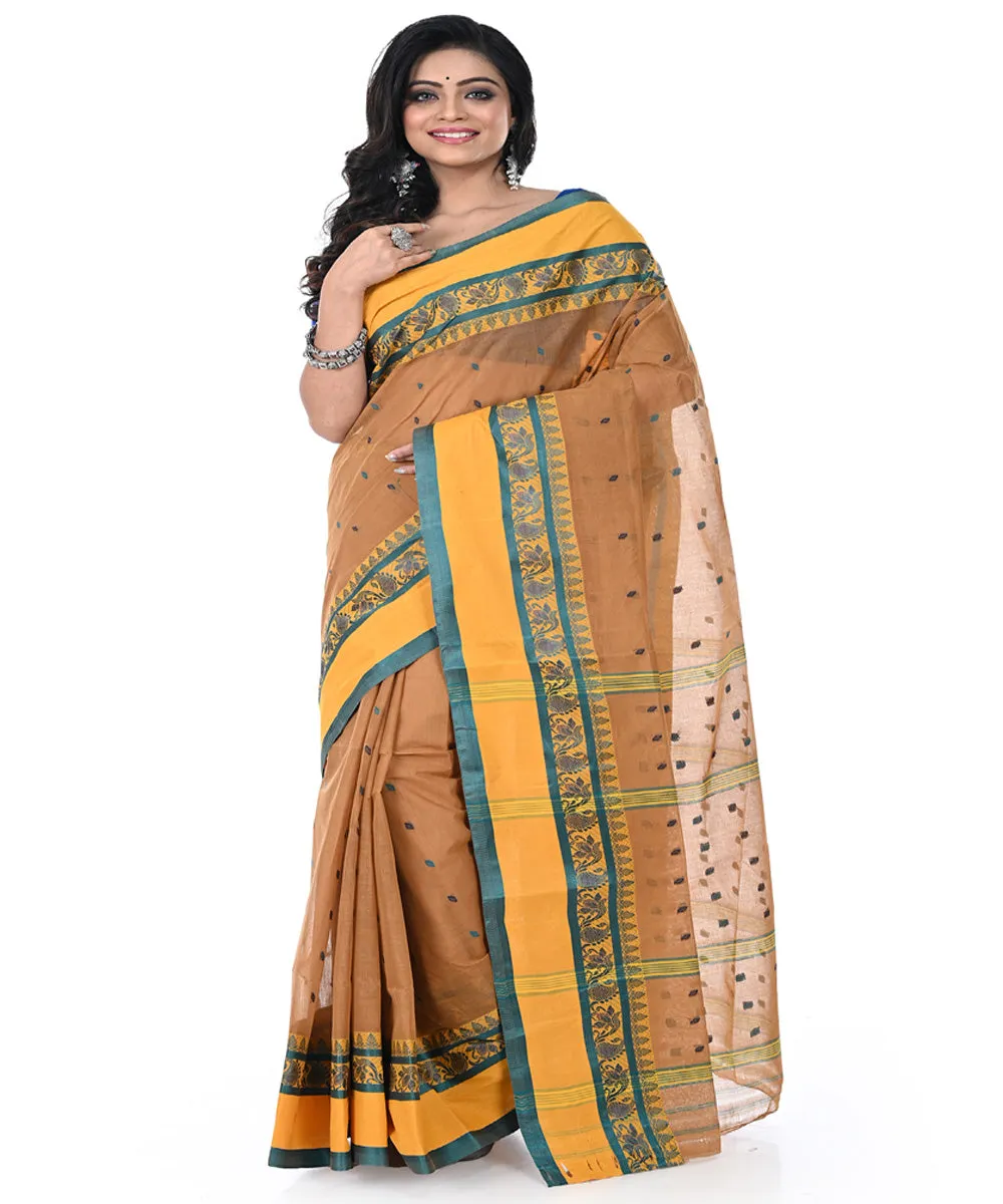 Brown yellow handwoven cotton tangail saree