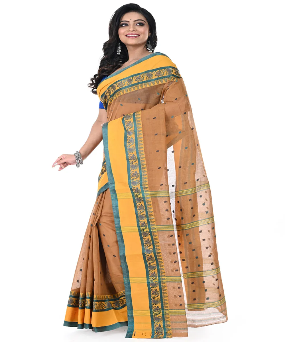 Brown yellow handwoven cotton tangail saree