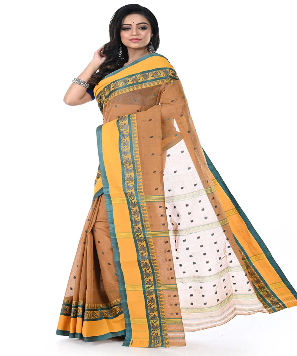 Brown yellow handwoven cotton tangail saree