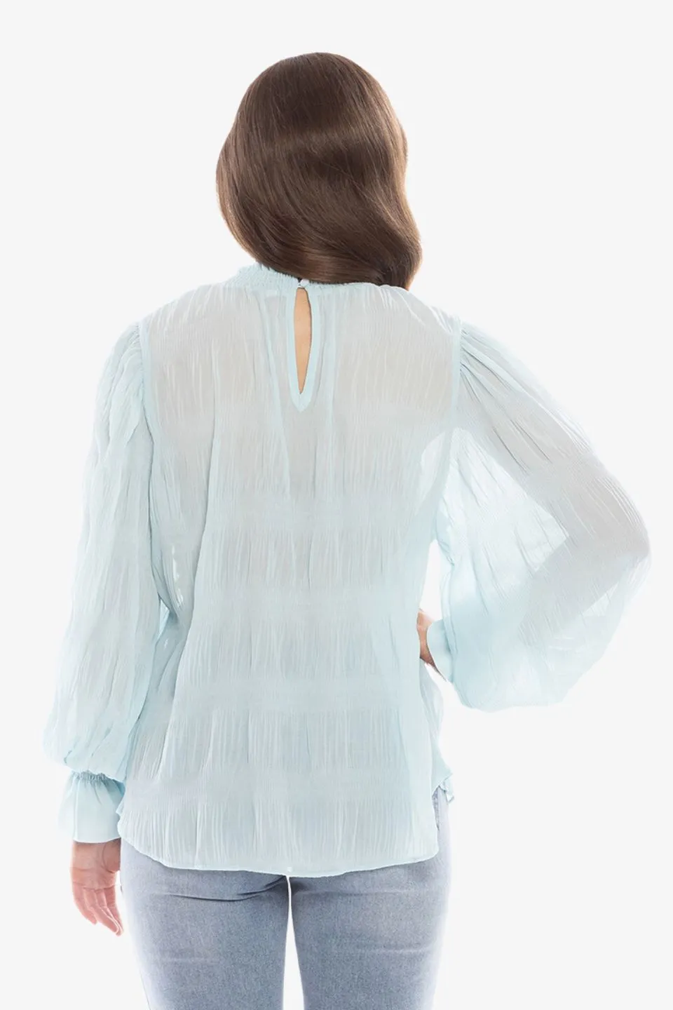 Camino Pale Blue Shirred LS High Neck Top