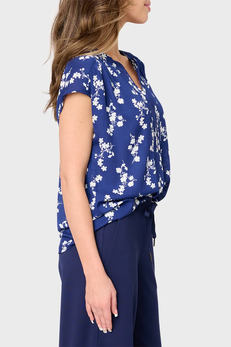 Cap Sleeve Stitched Notch V-Neck Blouse