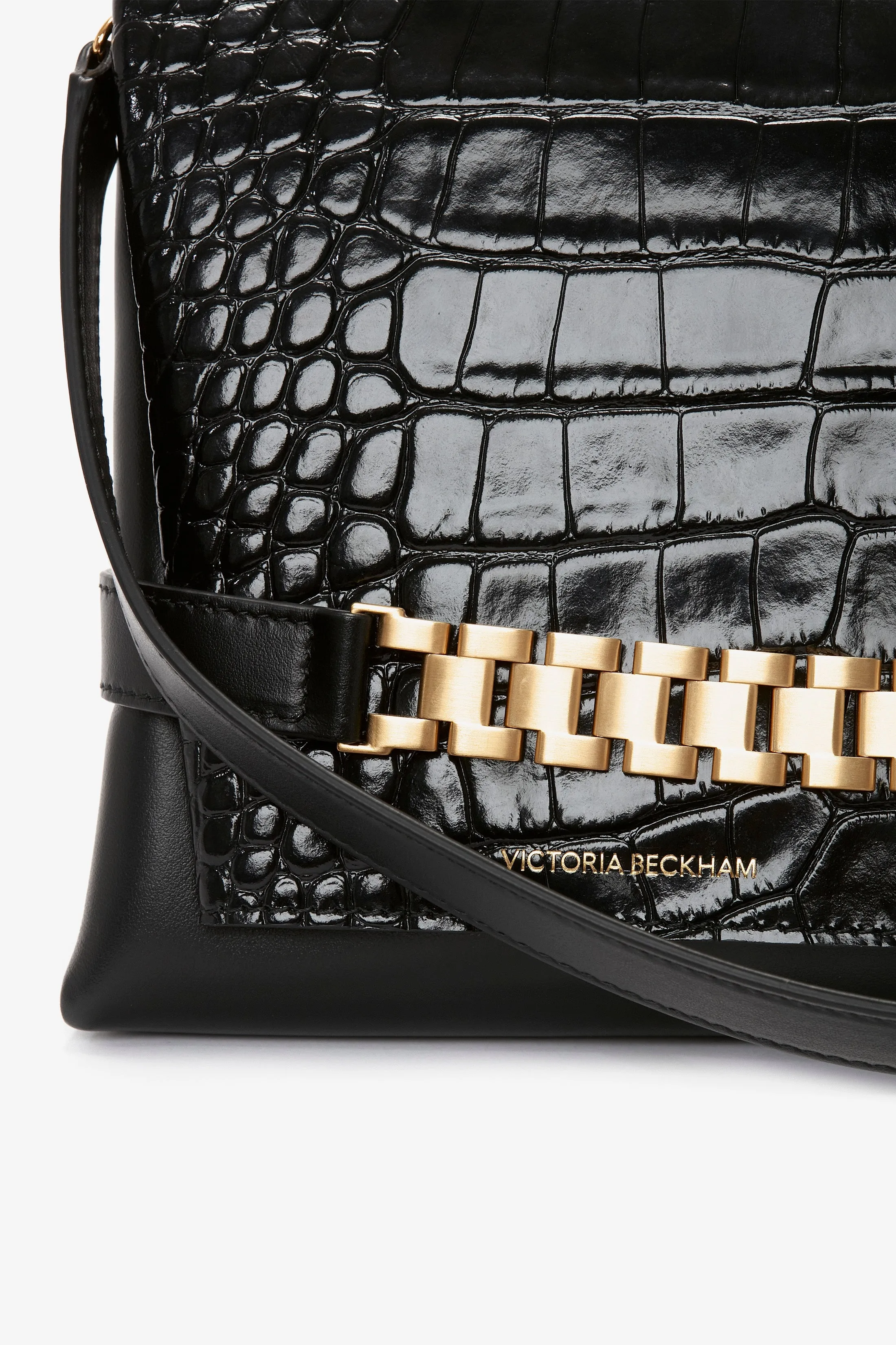 Chain Pouch With Strap In Black Croc-Effect Leather