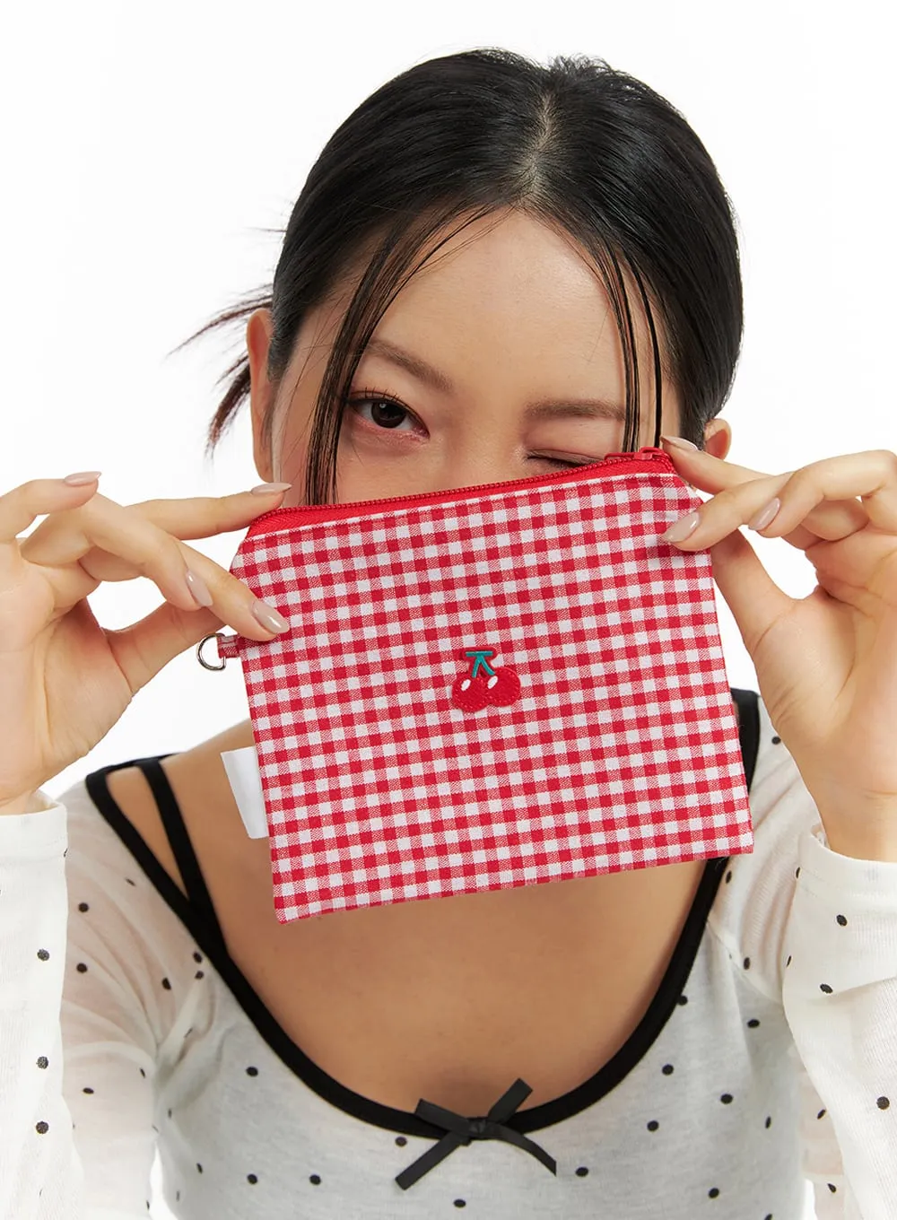 Cherry Embroidered Gingham Pouch IF421