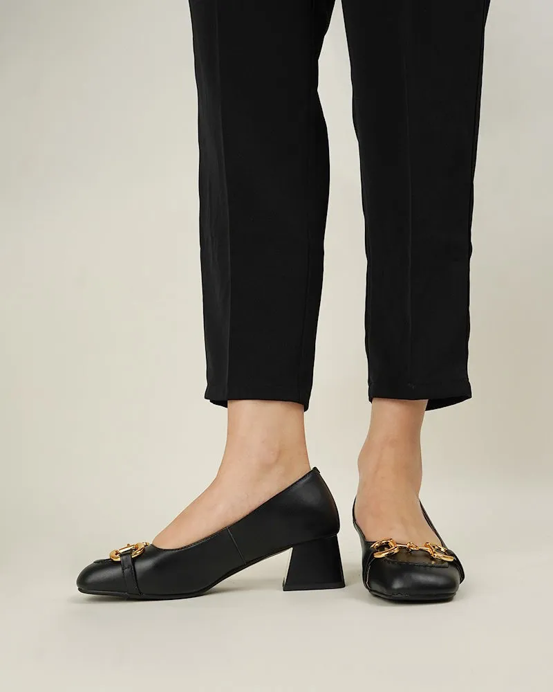 (Clean Up) Classic Metal Buckle Mid Heel Shallow Mouth Loafers