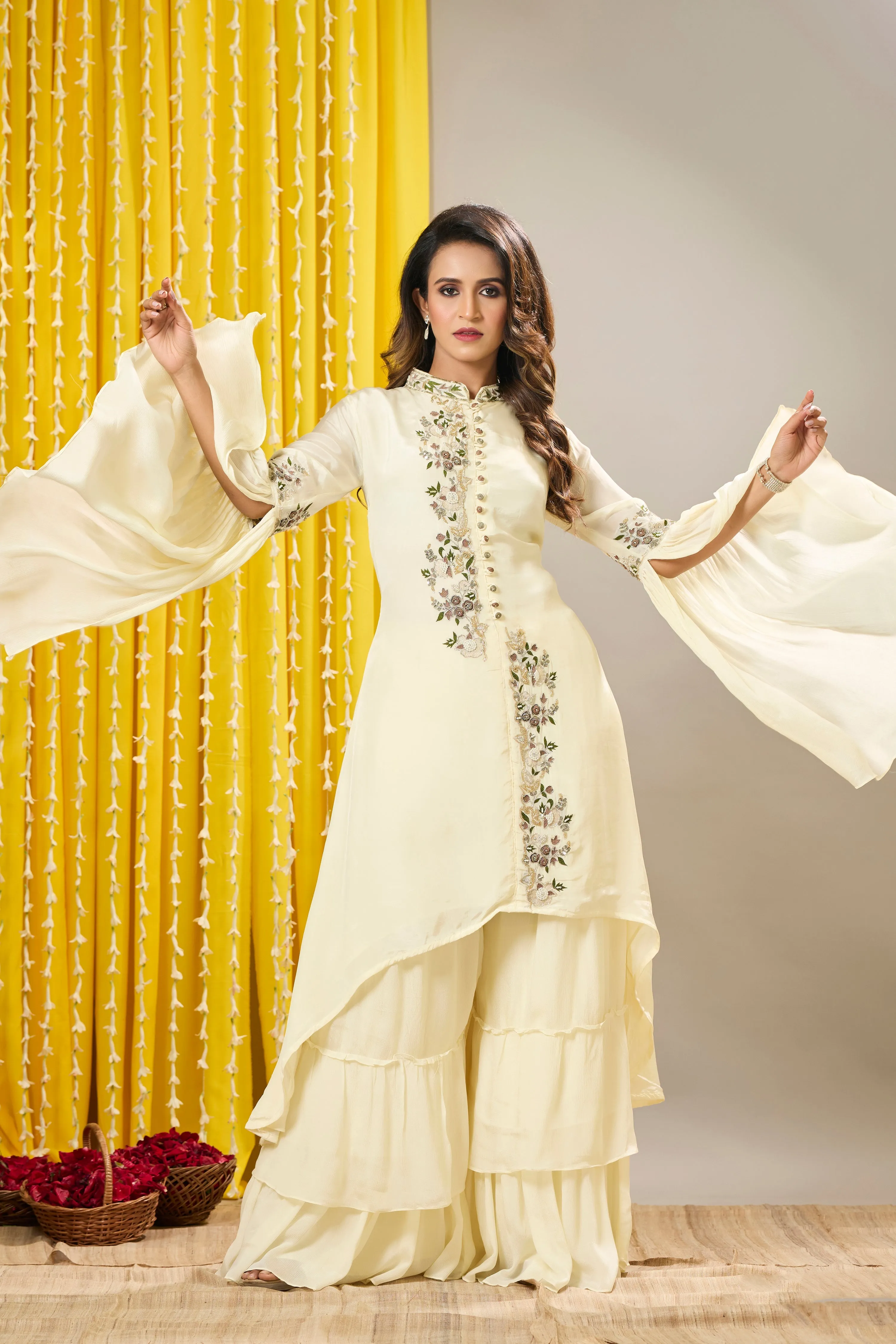 Cream Embroidered Premium Chinon Silk Sharara Set