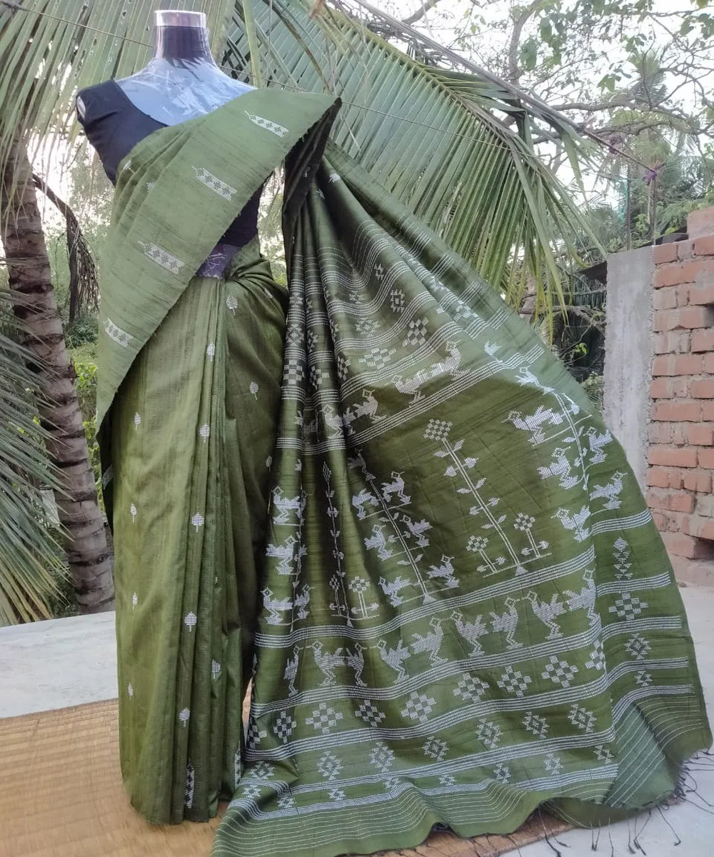 Cyan green white silk handloom gopalpur saree