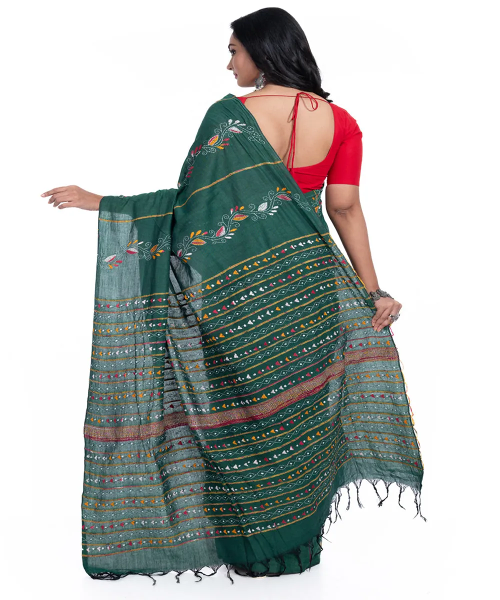 Dark green handwoven kantha stitch cotton saree