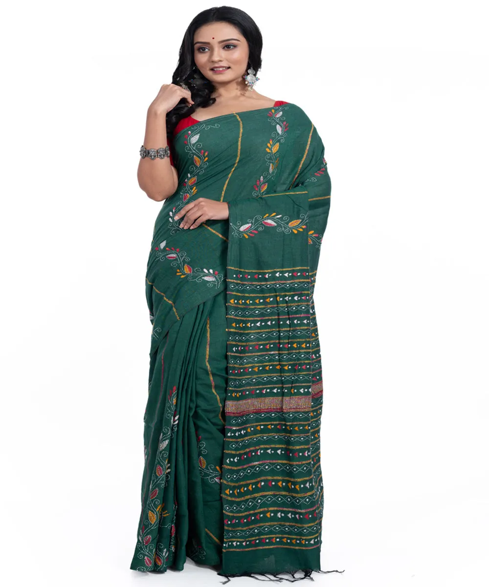 Dark green handwoven kantha stitch cotton saree