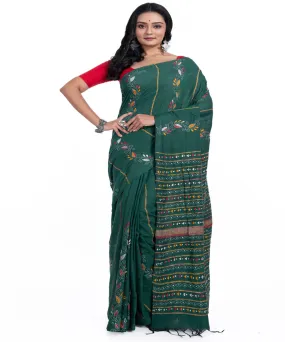 Dark green handwoven kantha stitch cotton saree