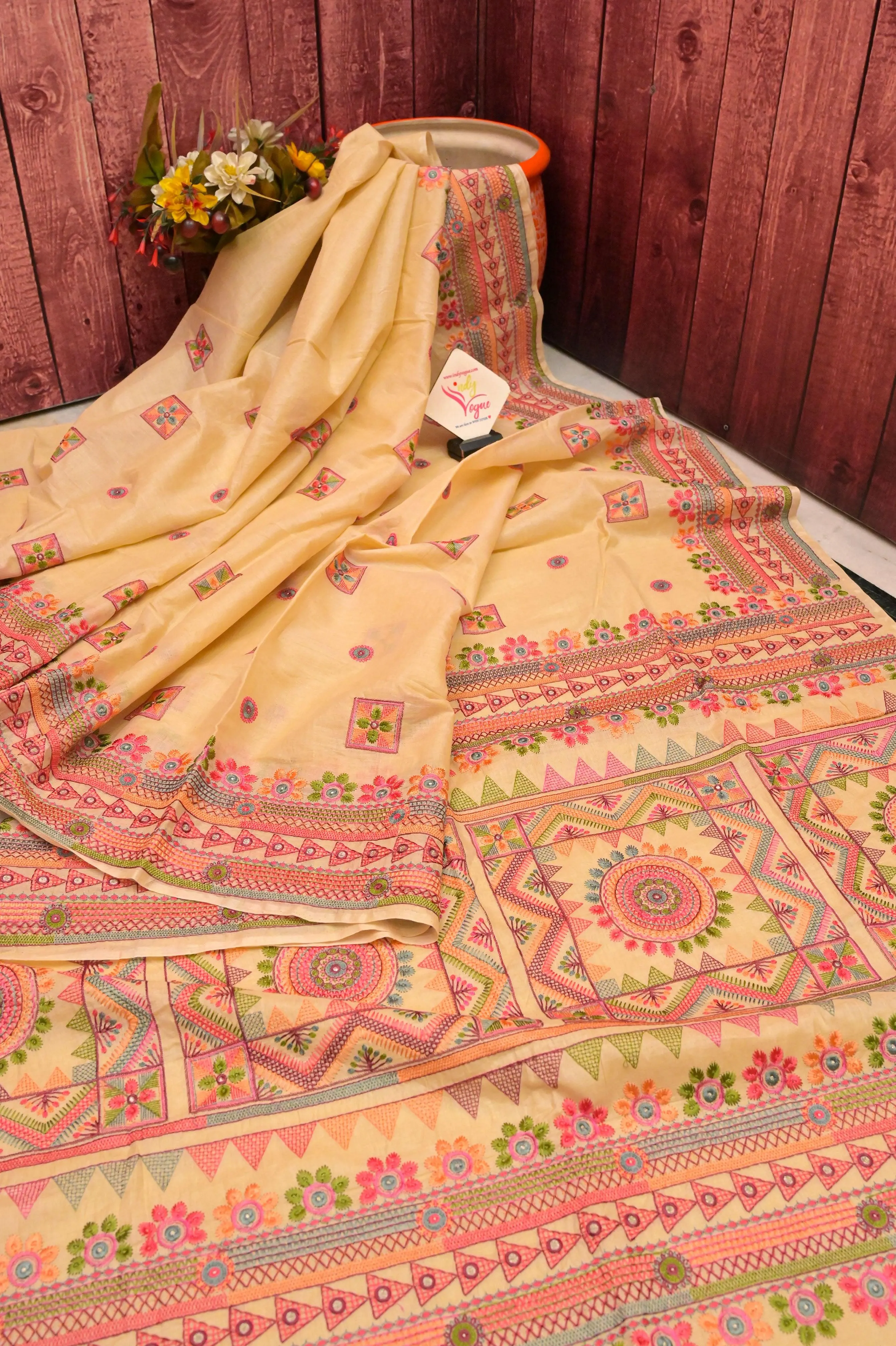 Dark Offwhite Color Half Tussar Saree with Lambani Embroidery