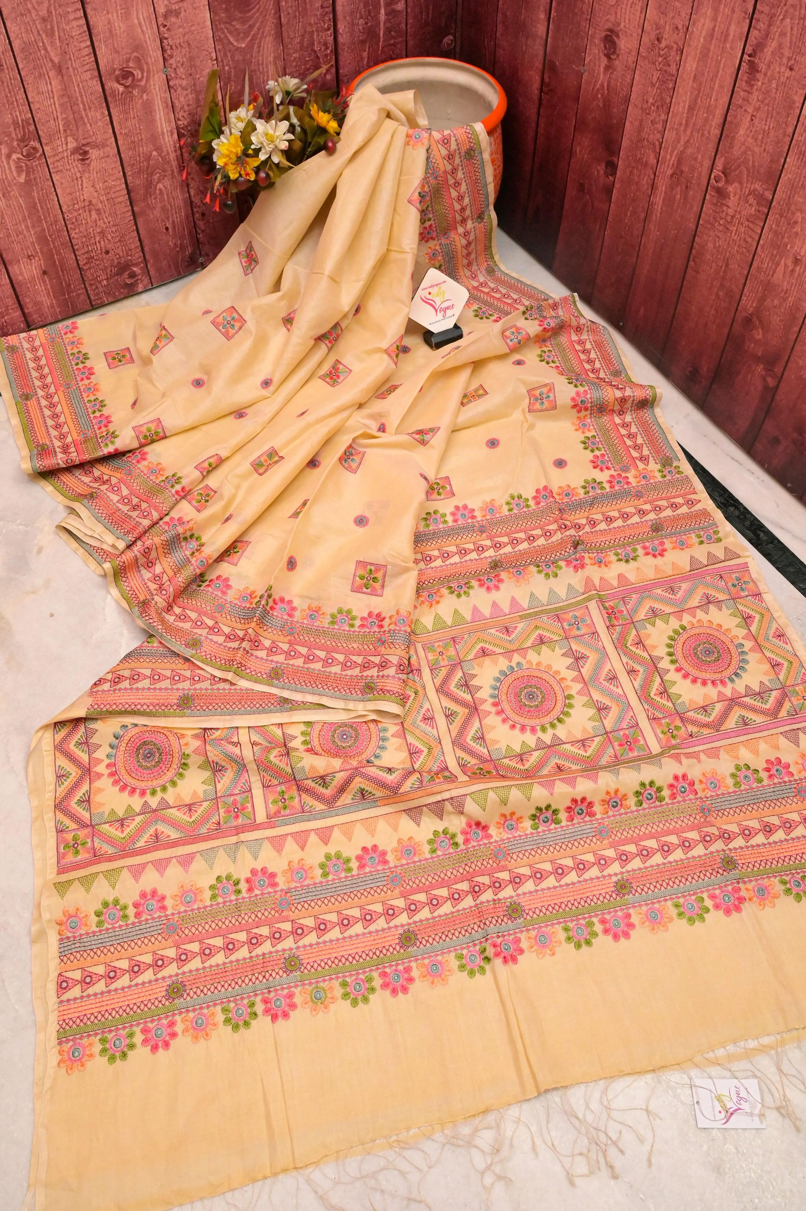 Dark Offwhite Color Half Tussar Saree with Lambani Embroidery