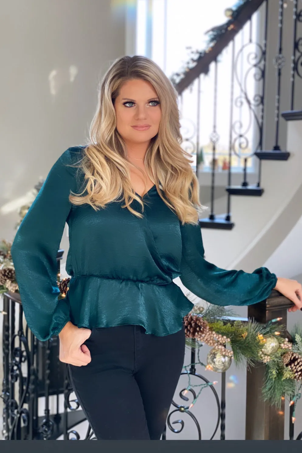 Downright Darling Satin Blouse : Hunter Green