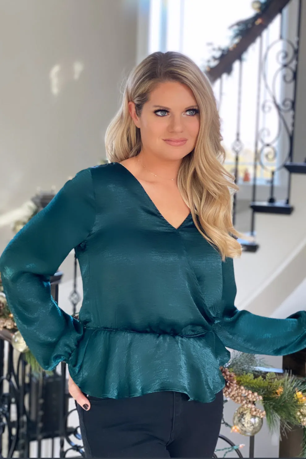 Downright Darling Satin Blouse : Hunter Green